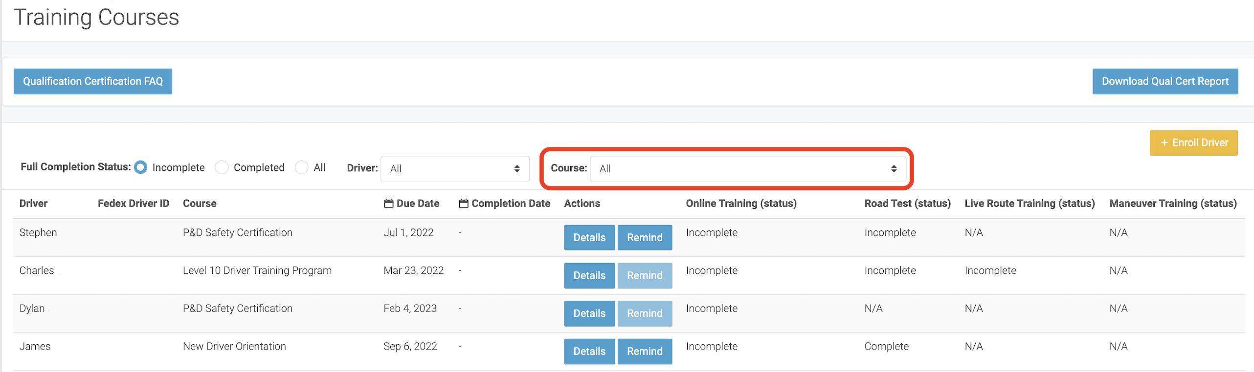 Training Courses Filter