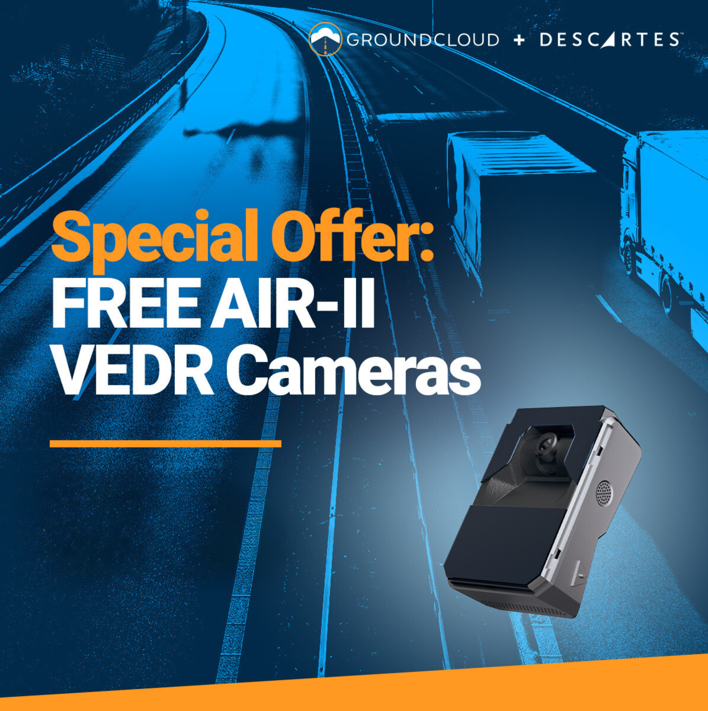 Advertisement for a special offer on free AIR-II MV + AI VEDR cameras. Image shows a camera and a night highway with trucks.