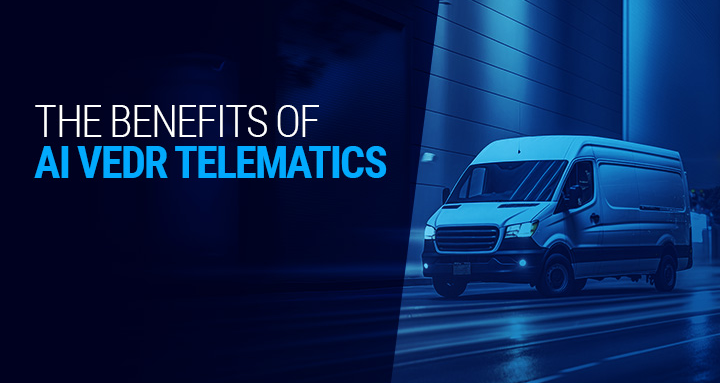 Advertisement highlighting the benefits of AI VEDR telematics, featuring a delivery van on a dark road, with logos of GroundCloud and Descartes